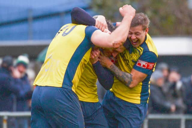 Moneyfields celebrate their early goal against Truro. Picture: Martyn White.