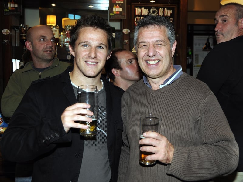 Daniel Hopkins and Trevor Hopkins enjoy Pompey's 2008 Uefa Cup trip Guimaraes in the Festing Pub.