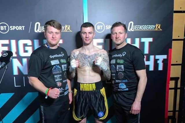 Mark Chamberlain, centre, with trainer Wayne Batten, right, and Jarred Patridge