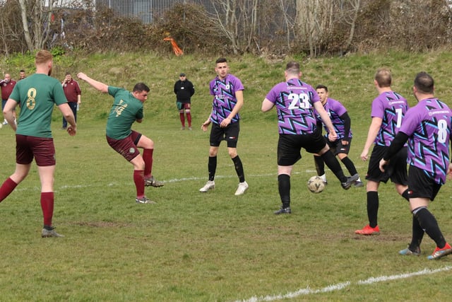 Cross Keys Athletic score one of their eight goals against Al's Bar. Picture: Kevin Shipp