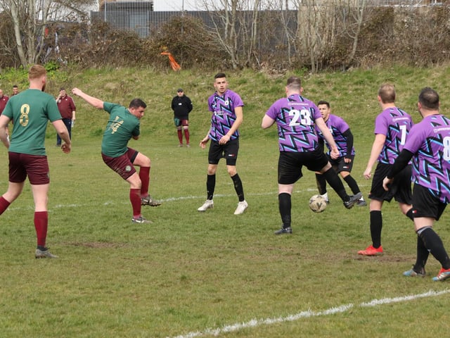 Cross Keys Athletic score one of their eight goals against Al's Bar. Picture: Kevin Shipp