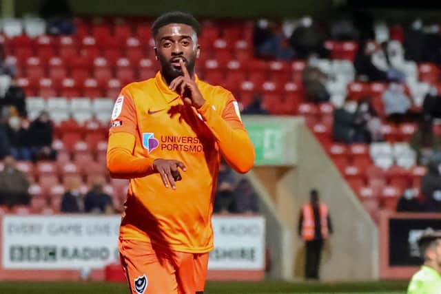 Jordy Hiwula celebrates scoring in Pompey's 3-0 win against Cheltenham in the Papa John's Trophy
