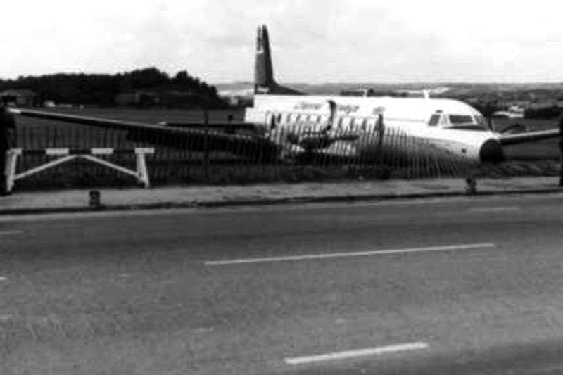 Channel Islander aeroplane close to the Eastern Road. This was the end result when a Channel Islands flight skidded off the grass runway on to the Eastern Road.