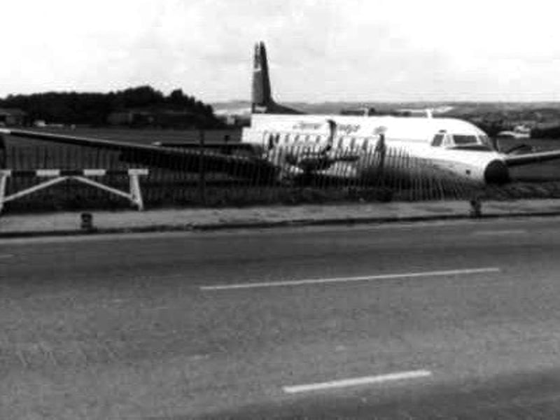 Channel Islander aeroplane close to the Eastern Road. This was the end result when a Channel Islands flight skidded off the grass runway on to the Eastern Road.