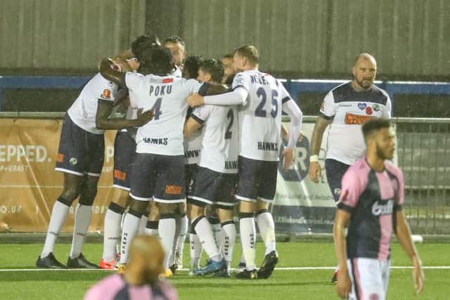 Craig Robson has just headed Hawks into a 3-1 lead against Dulwich. Picture by Dave Haines