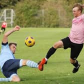 Harvest (pink) in action during their 9-1 Mid-Solent League hammering of Portchester Rovers. Picture: Kevin Shipp