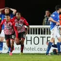 Ollie Watkins celebrates his 90th minute equaliser for Exeter against Pompey in March  2016, his first ever league goal. Picture: Joe Pepler