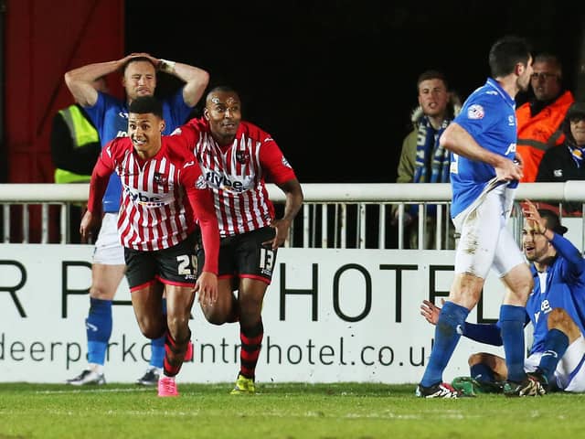 Ollie Watkins celebrates his 90th minute equaliser for Exeter against Pompey in March  2016, his first ever league goal. Picture: Joe Pepler