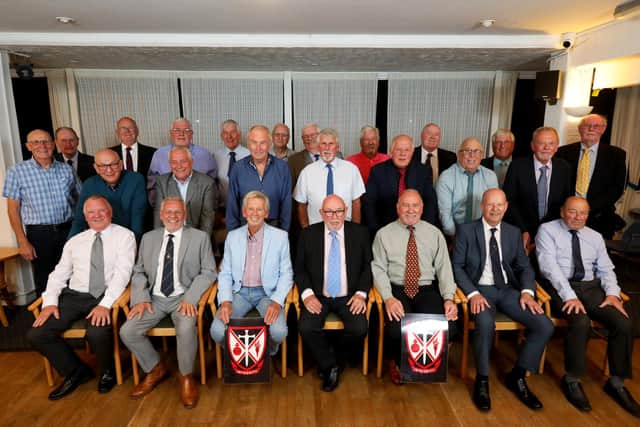 Reunion of Paulsgrove school pupils who started school in September 1952. 
Pictured: Back row, left to right: Donald Weekes,  Robert Hill,  Robert Cooper,  Robert Rowe, Leslie Donaldson,  Donald Jennings,  Donald Ferguson, Peter Board, Leslie Clark. Middle row, left to right: Graham Rose, Dave Nicholls, Terry Batchelor, Melvyn Batchelor, Steve Cannell, Martin Trevett, Michael Myers, Adrian Sines, Malcolm Janiec, Dave Nicholls. Front row, left to right: Alan Smith,  Alan Cornish,  Neil Irwin,  Ian Coates, Barry Newman, Michael Ogburn, Norman White.