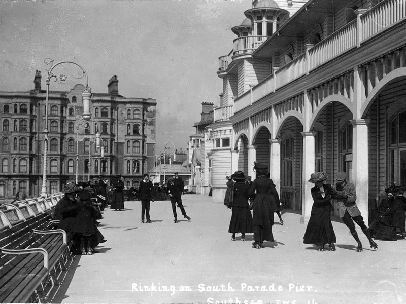 Pier Mansions in the background of this unusual shot of rolling skating Edwardians on South Parade Pier 1909. Picture: Paul Costen collection