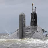 Pictured is HMS Vanguard as it 'vents off' as she leaves HMNB Clyde (Faslane).