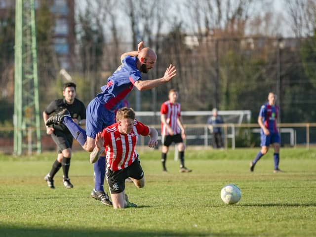 US Portsmouth defender Tom Jeffes in action during the home loss to Shaftesbury. Picture by Nathan Lipsham.