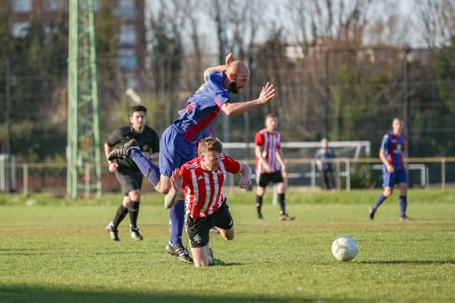 US Portsmouth defender Tom Jeffes in action during the home loss to Shaftesbury. Picture by Nathan Lipsham.