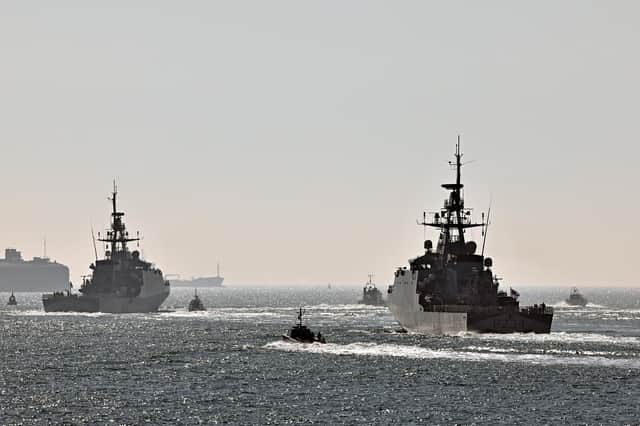 Pictured: HMS SPEY and HMS TAMAR leave HMNB Portsmouth on the 09th September 2021 to be forward deployed in the Indo-Pacific Region.
