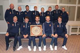 The Hampshire team ans support staff wtih the Daily Telegraph Salver after they beat Essex 7.5-4.5 in the South East League Final at Northwood Golf Club. Back (from left) Chris Harrison (Hampshire Golf assistant secretary), Kevin Flynn (head coach), Martin Young, James Freeman, Jo Hacker, Ryan Henley, Sam Parsons (reserve), Simon Andrews (assistant coach). Front: Richard Arnold (county secretary), Rob Wheeler, Toby Burden (capt), George Saunders, Tom Robson. Picture: Andrew Griffin