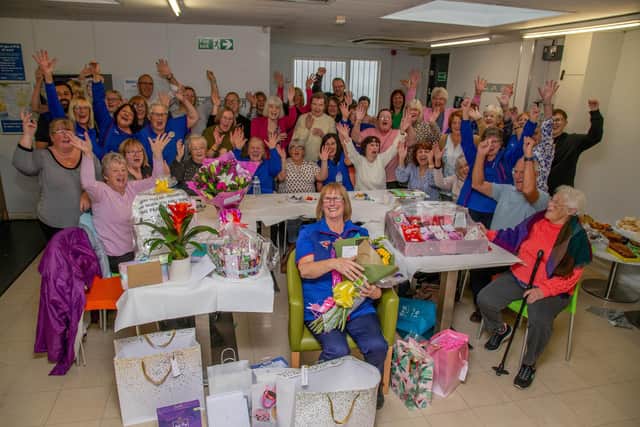 Lyn Bloodworth is retiring after 38 years. Staff and well-wishers are having a surprise farewell for her at Tesco, Cosham, Portsmouth on Wednesday 8th November 2023
Pictured: Lyn Bloodworth with other staff and friends at Tesco, Cosham, Portsmouth
Picture: Habibur Rahman