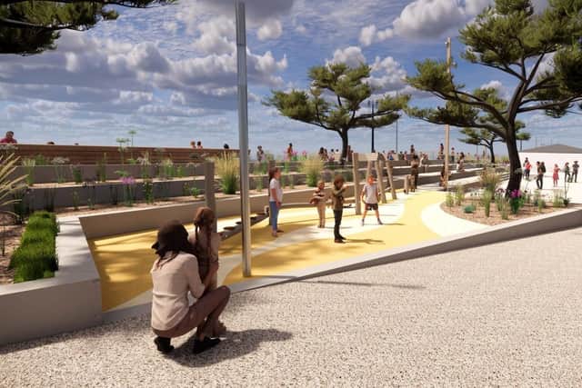 A CGI of the planned new seafront area between the Pyramids Centre and South Parade Pier. Credit: Coastal Partners