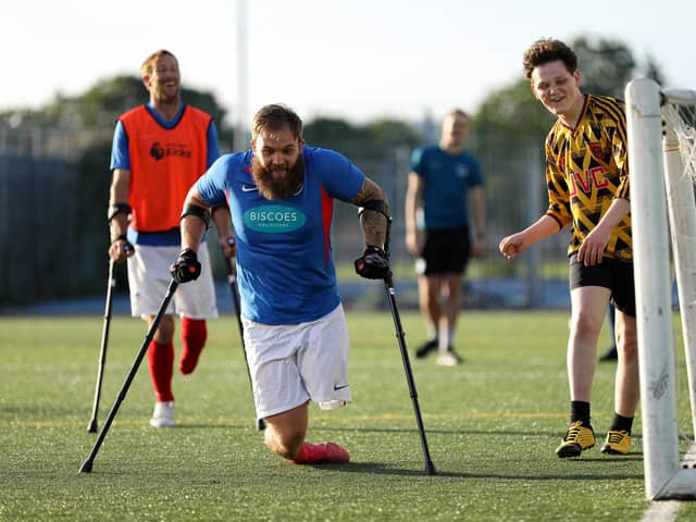TJ Yates training with the Pompey amputee football team ahead of Sunday's national cup final. Picture: Chris Moorhouse