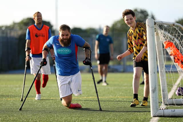 TJ Yates training with the Pompey amputee football team ahead of Sunday's national cup final. Picture: Chris Moorhouse