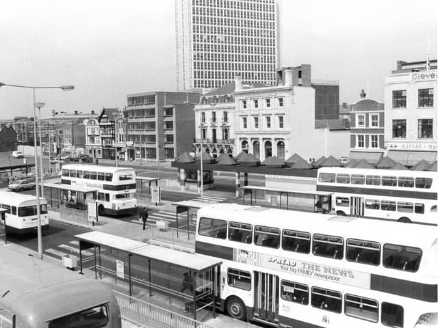 Buses waiting at The Hard, Portsmouth in May 1980. One of the buses shows an old advertisement for The News. The News PP3492