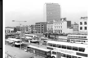 Buses waiting at The Hard, Portsmouth in May 1980. One of the buses shows an old advertisement for The News. The News PP3492