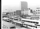 Buses waiting at The Hard, Portsmouth in May 1980. One of the buses shows an old advertisement for The News. The News PP3492