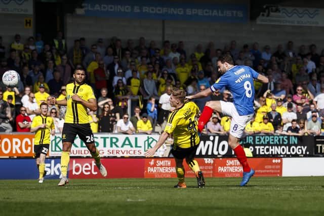 Brett Pitman fires in a shot for Pompey at Burton in League One in April 2019. Picture: Daniel Chesterton/phcimages.com/PinPep