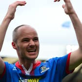 David Raven  celebrates  Inverness Caledonian Thistle beating Celtic to reach the 2015 Scottish Cup final. He will be lining up for Marine against Hawks in the FA Cup second round this Sunday. Photo by Mark Runnacles/Getty Images.