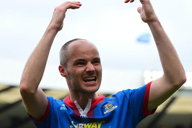 David Raven  celebrates  Inverness Caledonian Thistle beating Celtic to reach the 2015 Scottish Cup final. He will be lining up for Marine against Hawks in the FA Cup second round this Sunday. Photo by Mark Runnacles/Getty Images.