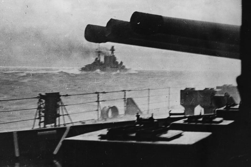 5th May 1941:  The last picture of HMS Hood seen from HMS Prince of Wales as she went into action against the German battleship 'Bismarck'.  (Photo by Keystone/Getty Images)
