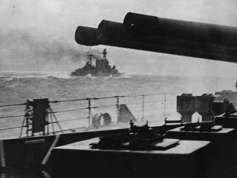 5th May 1941:  The last picture of HMS Hood seen from HMS Prince of Wales as she went into action against the German battleship 'Bismarck'.  (Photo by Keystone/Getty Images)
