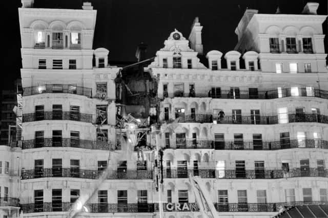 The Grand Hotel in Brighton, after a bomb attack by the IRA, 12th October 1984. British Prime Minister Margaret Thatcher and many other politicians were staying at the hotel during the Conservative Party conference. Five people were killed and over thirty injured in the bombing. (Photo by John Downing/Getty Images)