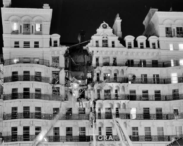 The Grand Hotel in Brighton, after a bomb attack by the IRA, 12th October 1984. British Prime Minister Margaret Thatcher and many other politicians were staying at the hotel during the Conservative Party conference. Five people were killed and over thirty injured in the bombing. (Photo by John Downing/Getty Images)