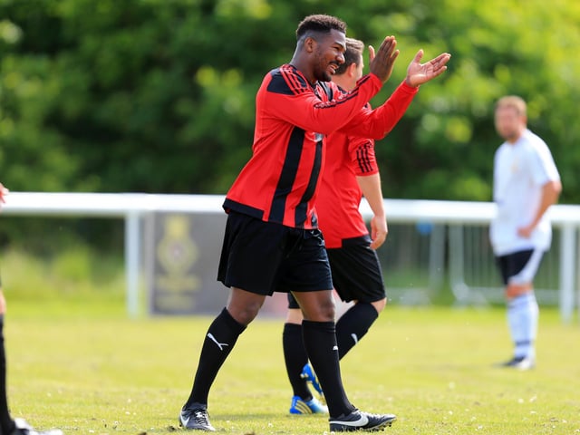 Rob Cox's goal celebration for Fareham Town. Picture: Chris Moorhouse