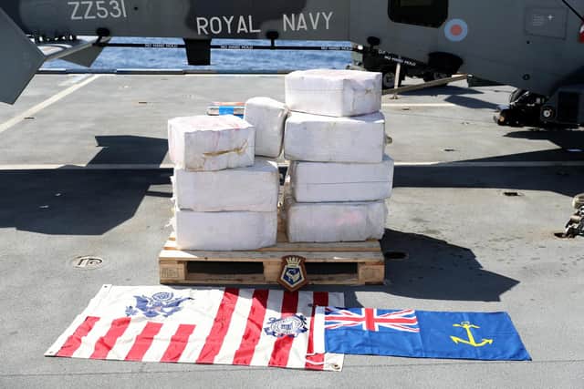 Cocaine seized by personnel embarked on RFA Argus during interdiction in the Caribbean Sea.