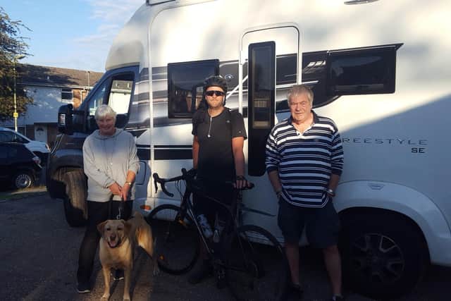 Matt with his parents, Jane and Steve, and his dog George