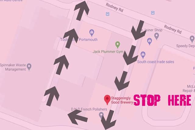 Staggeringly Good Brewery is launching Portsmouth's first ever drive-thru bottle shop in a bid to prevent the spread of coronavirus, at St George's Industrial Estate, off Rodney Road. . Here is how to use the drive-thru service. Picture: Google Maps