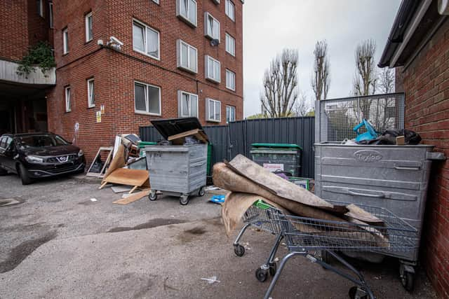 Rubbish that has been fly tipped within the grounds of Windsor House. Picture: Habibur Rahman