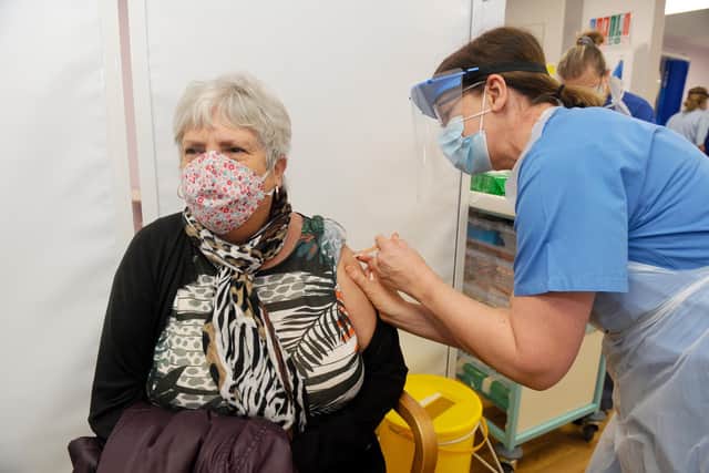 The Portsmouth NHS Covid-19 Vaccination Centre at Hamble House based at St James Hospital when it opened on Monday, February 1.

Pictured is: Anne Johnston (73) from Gosport.

Picture: Sarah Standing (010221-1984)