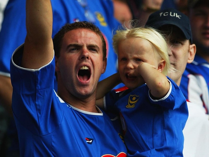 A Pompey fan in good voice prior to the Premier League home game with Aston Villa in August 2003 at Fratton Park. Photo by Phil Cole/Getty Images