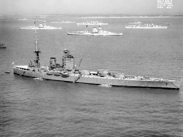 HMS Nelson with other British battleships and cruisers for the 1937 Coronation Fleet Reviewcaption : The British battleship HMS NELSON off Spithead for the 1937 Fleet Review. Anchored in the background are two Queen Elizabeth Class battleships and two cruisers of the London Class. Picture: Imperial War Museum collection no. 4002-05