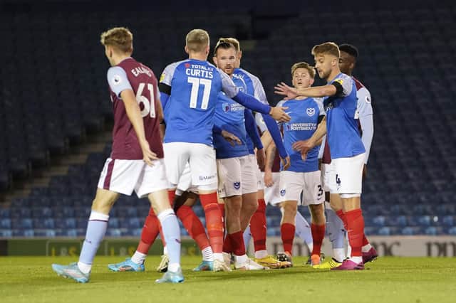 Michael Jacobs celebrates netting Pompey's second goal against Aston Villa Under-21s in the Papa John's Trophy. Picture: Jason Brown/ProSportsImages