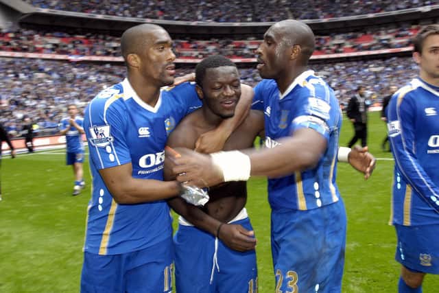 Sylvain Distin, Sulley Muntari and Sol Campbell celebrate semi-final victory over West Brom on April 5, 2008, to reach the FA Cup final. Picture: Will Caddy