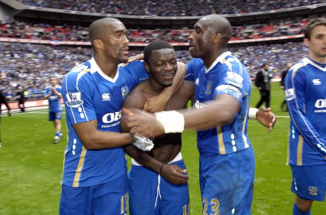 Sylvain Distin, Sulley Muntari and Sol Campbell celebrate semi-final victory over West Brom on April 5, 2008, to reach the FA Cup final. Picture: Will Caddy