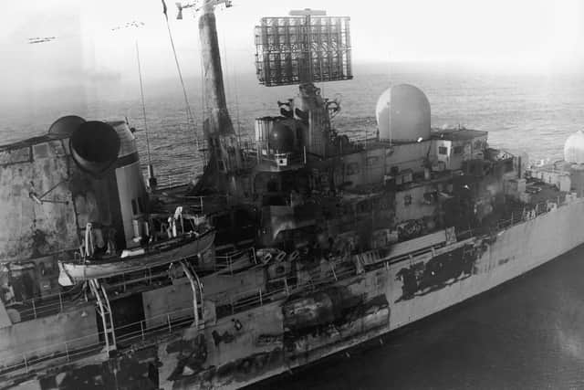 HMS Sheffield, damaged by an Exocet missile attack near the Falkland Islands during the Falklands War, May 1982. Twenty people lost their lives in the incident and the ship later sank in the South Atlantic Picture: Martin Cleaver/Pool/Getty Images