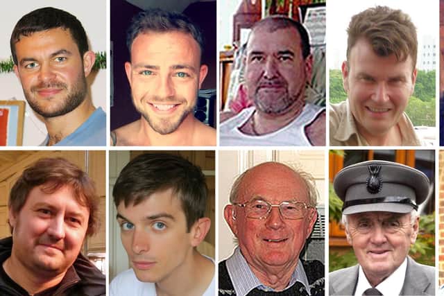 Top row from left, Matthew Grimstone, Matt Jones, Mark Reeves, Tony Brightwell and Mark Trussler. Bottom row, from left, Dylan Archer, Richard Smith, Graham Mallinson, Maurice Abrahams and Daniele Polito, who died in the Shoreham Airshow crash, after a vintage Hawker Hunter jet crashed killing 11 men when it hit a road and burst into a fireball during a failed stunt at Shoreham Airshow. Picture: Sussex Police/CPS/PA Wire