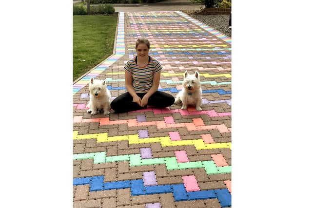 Lily Bond, 16 from Fareham, has been creating a rainbow tribute to the NHS on her driveway. The teenager has autism and recently spent time in hospital with a seizure disorder. Pictured with the artwork and her dogs Betty and Bosley