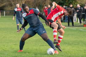 Paulsgrove's Moulay Ousman, left, netted his side's Hampshire Premier League Cup winner at Silchester. Picture: Keith Woodland