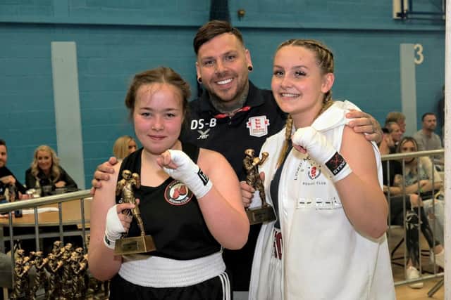 Madison Stubbington-Bartlett, right, with father and coach Daryl Stubbington-Bartlett, centre