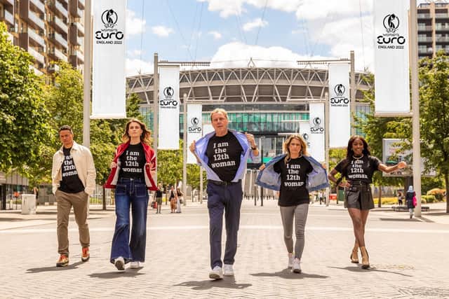 From left: Jermaine Jenas, Ellie Taylor, Harry Redknapp, Karen Carney and AJ Odudu on Wembley Way for Heineken's 12th Woman campaign launch
